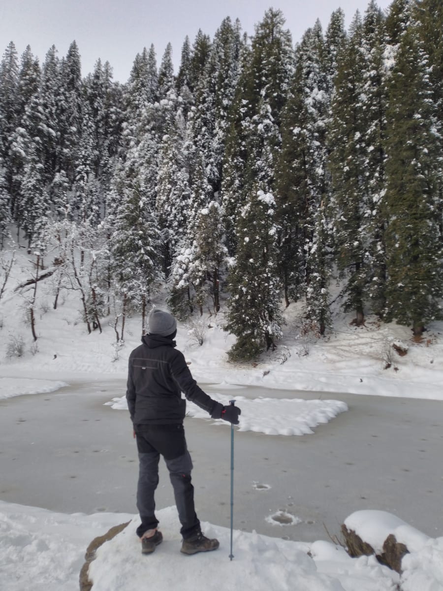Frozen water and snow near Kedarkantha base camp