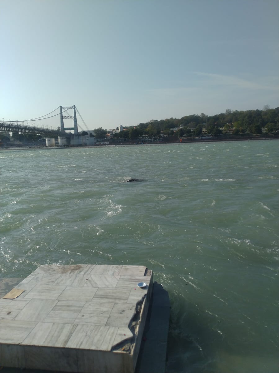 The Ganga flowing through Rishikesh with hills in the background